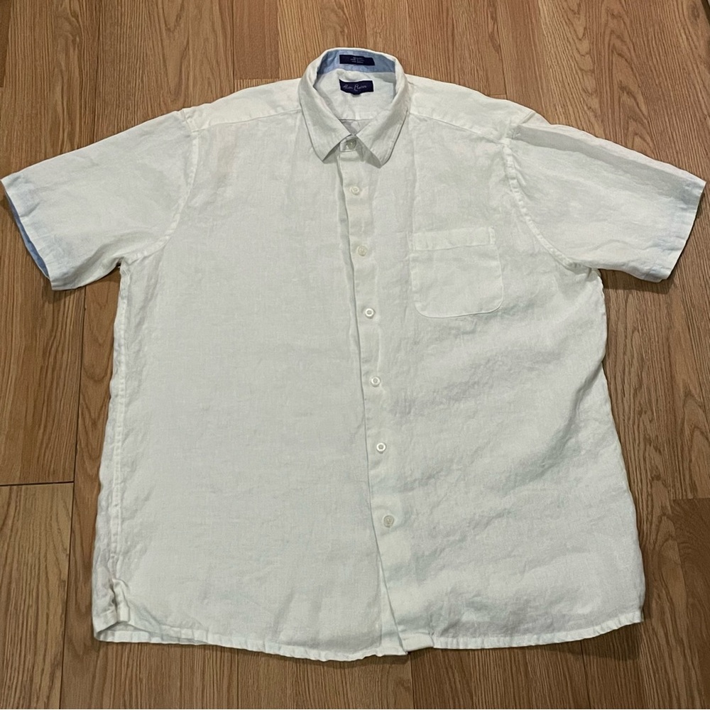 Alan Flusser Men’s XL Short Sleeve Button Up Shirt White Linen Preppy Casual
